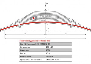 лист рессоры! задней №1,2, 100х14 мм, L=1550 мм (64229-2912102) МАЗ, КрАЗ 256B2912102 OMK AUTO