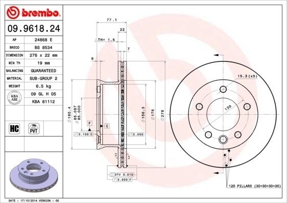 09.9618.24 диск торм. пер. !\ MB Sprinter all 02-06 09.9618.24 BREMBO