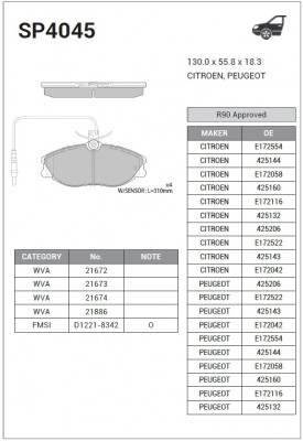 Колодки тормозные PEUGEOT 306,406 передние (4шт.) SANGSIN SP4045 SANGSIN
