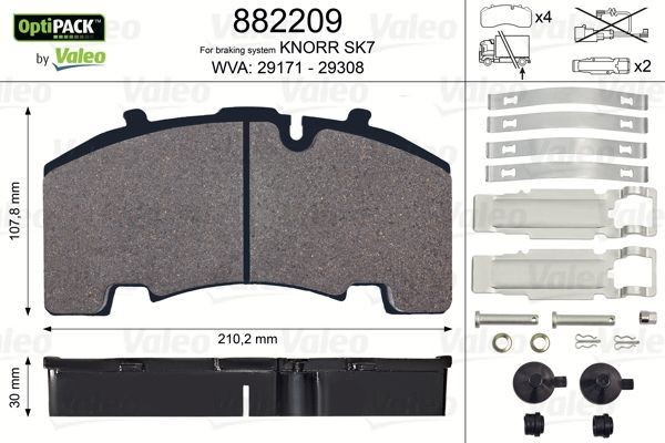Комплект дисковых колодок 211x108x30; Knorr SK7, SB4309  05/2003 = > Opti Pack с 882209 VALEO PHC