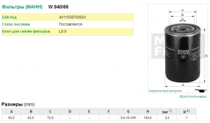 Фильтр масляный VW Passat AUDI A4 (99-05) SKODA Superb (02-08) MANN W 940/66 MANN FILTER