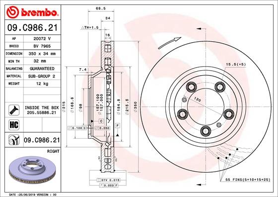 Диск тормозной 09.C986.21 правый 09C98621 BREMBO