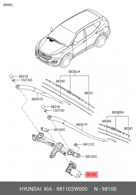 Мотор-редуктор стеклоочистителя HYUNDAI Santa Fe (13-16) OE 981102W000 HYUNDAI KIA