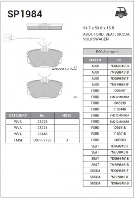 Колодки тормозные VW AUDI SEAT SKODA задние (4шт.) SANGSIN SP1984 SANGSIN