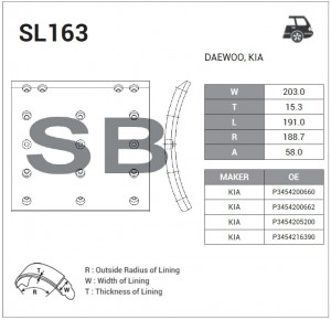 Накладка тормозной колодки DAEWOO Novus задняя (шир.203мм,16отв.) SANGSIN SL163 SANGSIN