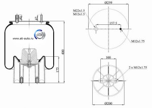 Рессора пневматическая со стаканом; (1 шп.+штуц. / 2 отв. - 0°); M22x1.5 пластик RML79002A3CP BLACKTECH