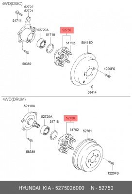 Ступица HYUNDAI Santa Fe (00-) задняя (без АБС) OE 5275026000 HYUNDAI KIA