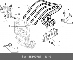 Свеча зажигания FIAT 500 (12-),Punto (09-),Doblo (05-) OE 55190788 ALFA FIAT LANCIA