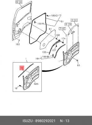 8980292021 УПЛОТНИТЕЛЬ СТЕКЛА ЛЕВОЙ ДВЕРИ ВНУТРЕННИЙ ISUZU NMR85/NPR75/NQR90/NLR 8980292021 ISUZU