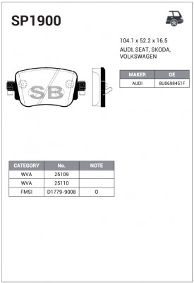 Колодки тормозные дисковые Audi A1, Seat Leon, Skoda Octavia 1.0-2.0i/TDi 12 SP1 SP1900 SANGSIN