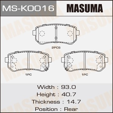 колодки дисковые задние!\ Hyundai Accent,Kia Rio 1.4i/1.6i 16V/1.5CRDi 05> MSK0016 MASUMA