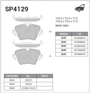 Колодки тормозные BMW X1 F48/ 2 F45/46 передние SP4129 SP4129 SANGSIN