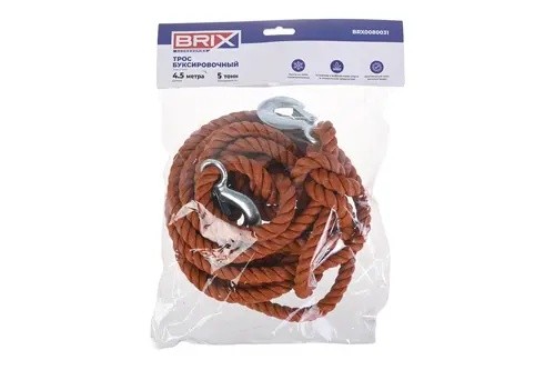 трос буксировочный! канат, 5т, 4,5м, с крюками, в пакете BRX0080031 BRIX