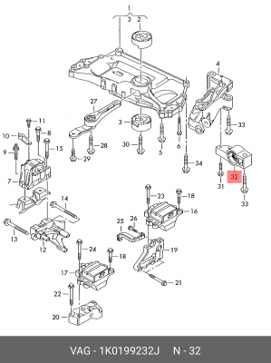 сайлентблок переднего рычага задний правый!\ Audi A3 all 04>, VW Touran all 03> 1K0 199 232 J VAG