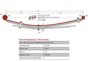 Лист рессоры HYUNDAI Porter 2 задней №1 (7 листов) L=1257мм ЧМЗ 700807HD291210110 OMK AUTO
