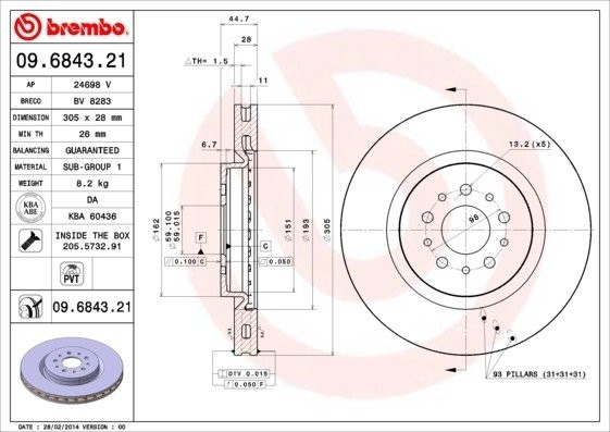 09.6843.21 диск тормозной передний!\ Alfa Romeo 147/156/GTV 3.0/3.2i 96-06 09.6843.21 BREMBO