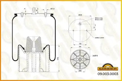 Пневморессора Premium со стаканом (пластик) 2 отв. М8*1,25/1 отв. М22*1,5/М12*1, 090030003 SONDER