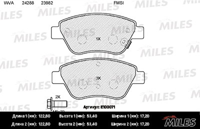 Колодки тормозные передние (без датчика + болты) (Смесь Semi-Metallic) OPEL CORS E100071 MILES