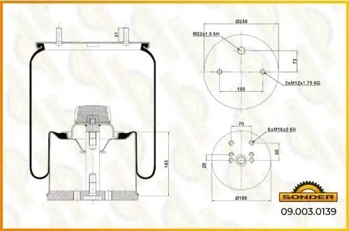 Пневморессора Premium со стаканом(металл) 2 шп.+возд. 6 отв. BPW 30K — 3 года бе 090030139 SONDER