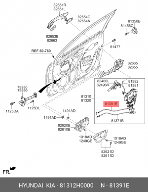 Трос KIA Rio (17-) привода замка двери передней OE 81312H0000 HYUNDAI KIA