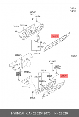 Прокладка коллектора HYUNDAI Porter дв.D4BF выпускного (на 4 цилиндра) OE 2852042070 HYUNDAI KIA
