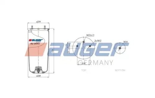 пневмопод.без стак. !941MB h523 2шп.M12смещ.25. 1отв.штуц.M22. Н: 1шп.M16 BPW AU 34941 AUGER