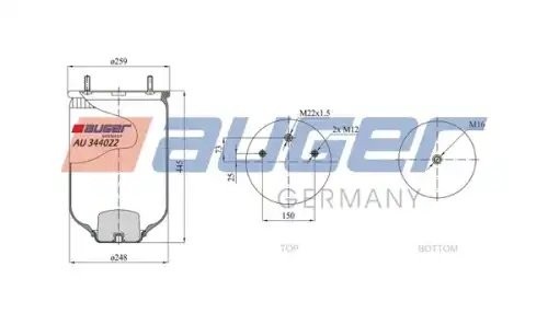 пневмоподушка без стакана !2шп.M12 смещ.25. 1отв.штуц.M22.,Н.1отв.шп.M16 SAF AU344022 AUGER