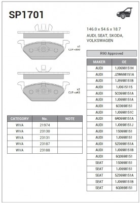 Колодки тормозные AUDI A3 97/VW G4/SKODA OCTAVIA 9709 1.4/1.6/1.8 передние SP170 SP1701 SANGSIN