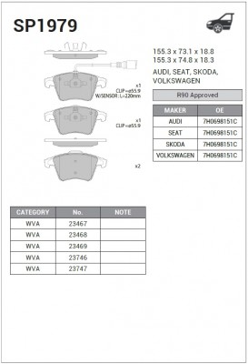 Колодки тормозные дисковые VW T5/Multivan 2.0i/3.2i/1.9TDi/2.5TDi 03 SP1979 SP1979 SANGSIN