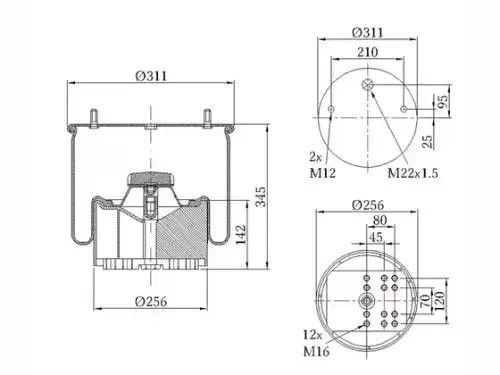 Пневморессора Premium со стаканом (металл) 2шп.-M12 + 1 отвер.M22 под возд. BPW3 090030032 SONDER