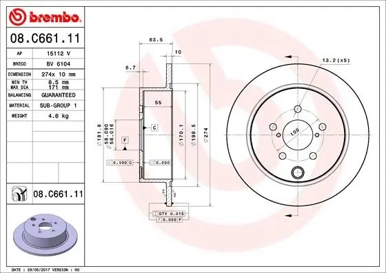 Диск тормозной SUBARU Forester (12-),Impreza (11-) задний (1шт.) BREMBO 08C66111 BREMBO