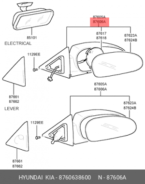 Зеркало заднего вида боковое правое RH в сборе Sonata EF 2001-2004 (механическое 8760638600 HYUNDAI KIA