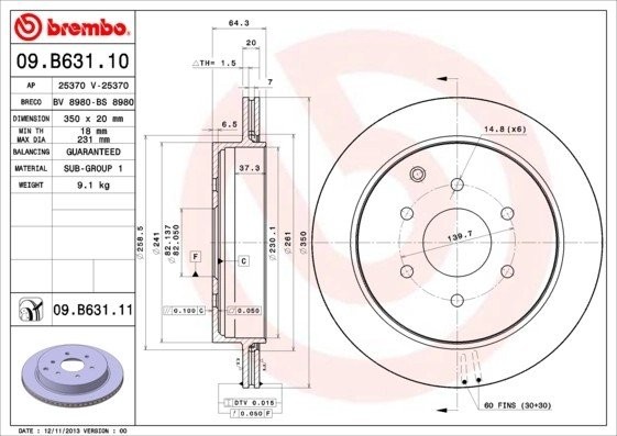 Диск тормозной NISSAN Patrol (10-) задний (1шт.) BREMBO 09.B631.11 BREMBO