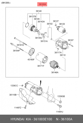 Стартер HYUNDAI Santa Fe (05-),Grandeur (06-) (2.7) (1.2кВт) OE 361003E100 HYUNDAI KIA