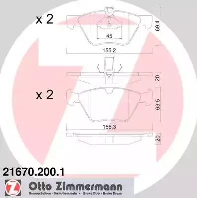 колодки дисковые !перед. 155x69x20 \ MB W210 2.0T-3.2/2.5TD/2.7CDi 96-02/С208 2. 21670.200.1 ZIMMERMANN