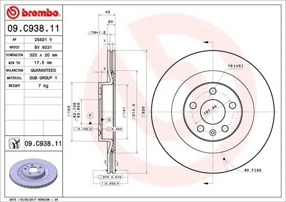 Диск тормозной VOLVO XC90 II (256) 09/14  задн. 09.C938.11 09C93811 BREMBO