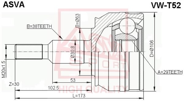 ШРУС НАРУЖНЫЙ 29X63X38 (-/, БЕЛАРУСЬ) VW-T52 ASVA