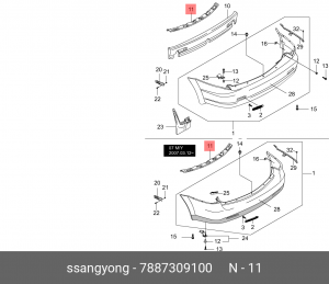 Кронштейн бампера SSANGYONG Kyron (07-) заднего верхний OE 7887309100 SSANG YONG
