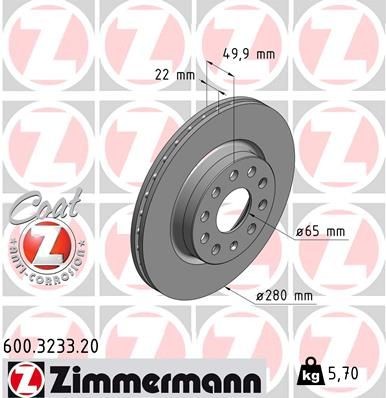 диск тормозной !перед. 280x22/50-5x112 \ Audi A3, VW Caddy/Golf 04> 600323320 ZIMMERMANN