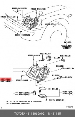Фара основная правая 81130-60A92 81130-60A92 TOYOTA