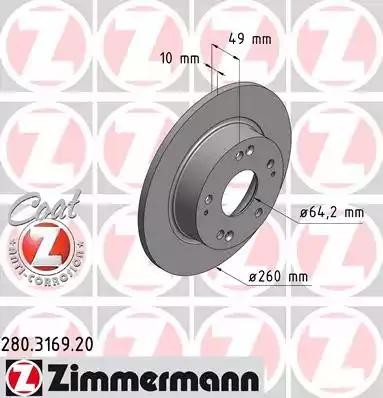 диск тормозной !задн. 260x10/49-5x114 \ Honda Accord VIII 2.0/2.4/2.2CTDi 03> 280.3169.20 ZIMMERMANN