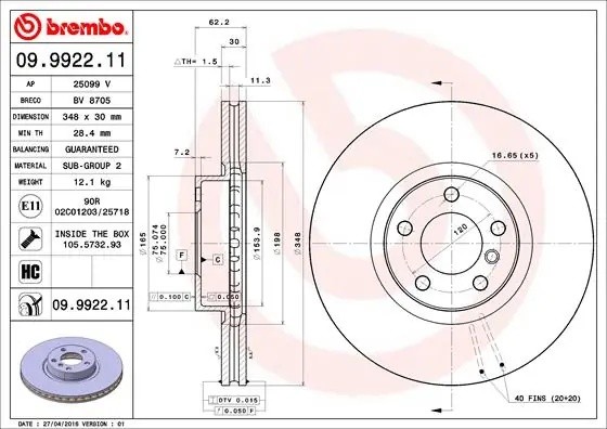 Диск тормозной 09.9922.11 09992211 BREMBO