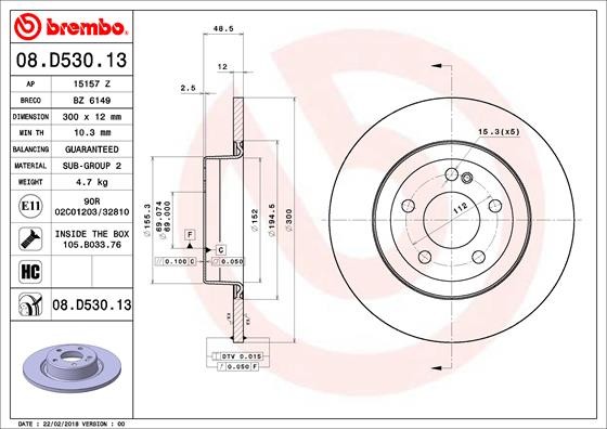 Диск тормозной MERCEDES C (W205) (13-) задний (1шт.) BREMBO 08.D530.13 BREMBO