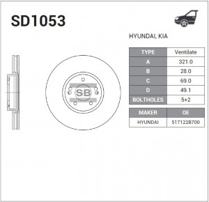 Диск тормозной HYUNDAI Santa Fe (09-) KIA Sorento (09-) передний (1шт.) SANGSIN SD1053 SANGSIN