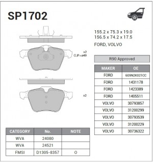 Колодки тормозные дисковые Ford S-Max, Volvo S80/V70/XC70 2.0-4.4 06 SP1702 SP1702 SANGSIN