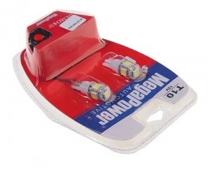 Автолампа T10W (W2,1x9,5d) 5 SMD 5050 WHITE блистер с тестером (2 шт) 6000K 100л M-10714W-2БЛТ MEGA POWER