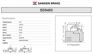 Диск тормозной VW Bora (99-05) AUDI A3 (96-03) передний (1шт.) SANGSIN SD5403 SANGSIN
