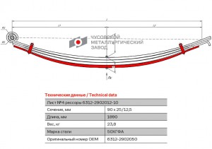 Лист рессоры МАЗ-6501,6312 передней №4 с хомутом L=1890мм ЧМЗ 63122902050 OMK AUTO