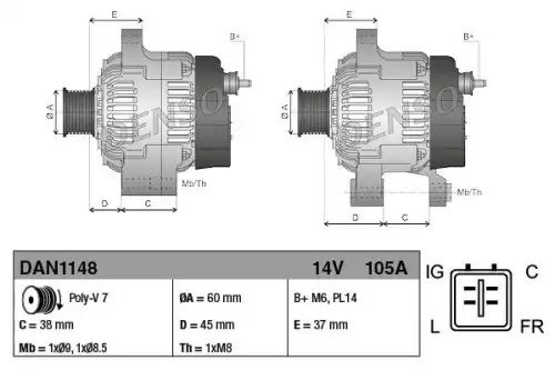 Генератор 14V 105A DAN1148 DENSO