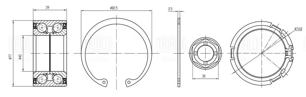 Подшипник ступицы передней (гайка/стопорное кольцо/защитное кольцо) CS 0993 TRIALLI